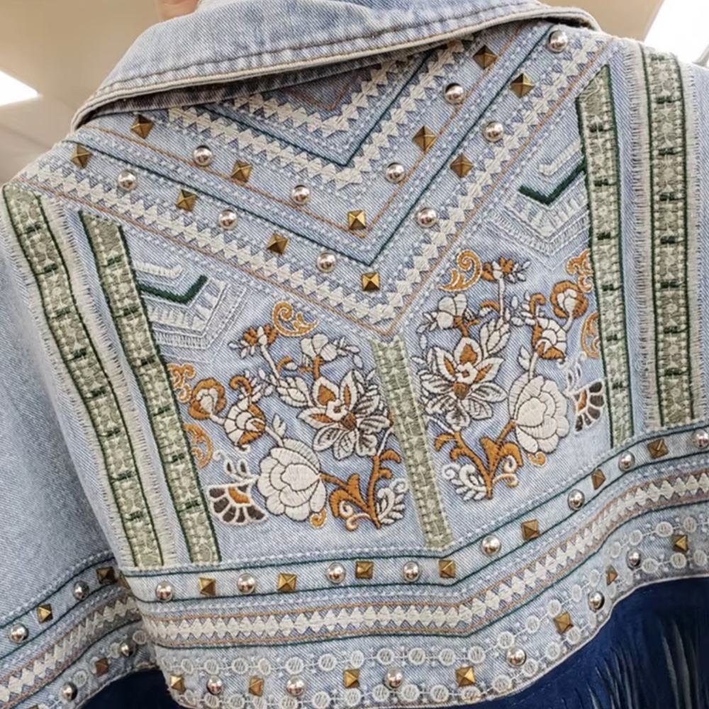 Black Vintage Wash Studded Floral Embroidered Tassel Button Down Jean jacket - Picture 6 of 11